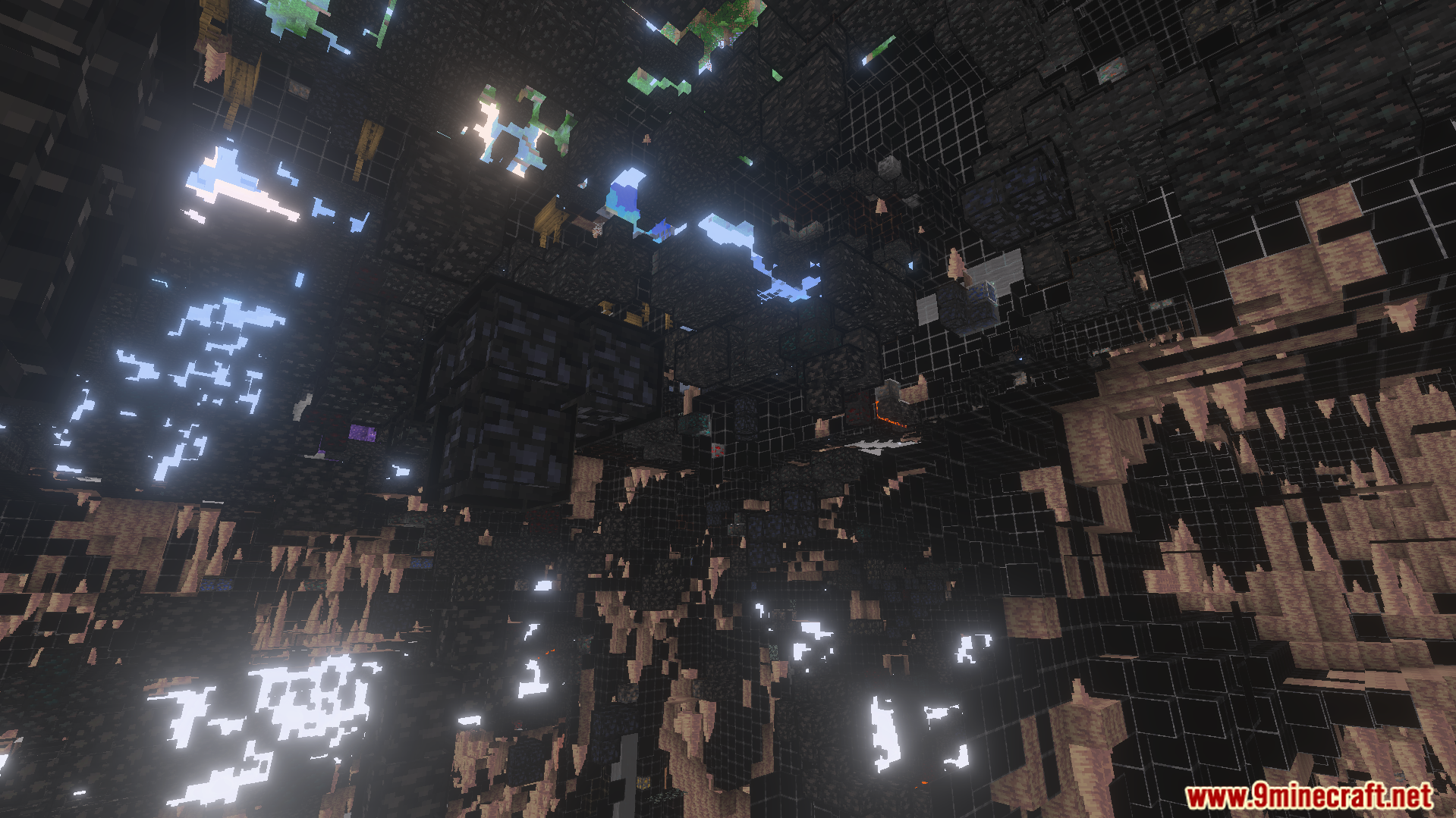 Underground view showing transparent deepslate blocks and bright outlines around valuable ore blocks