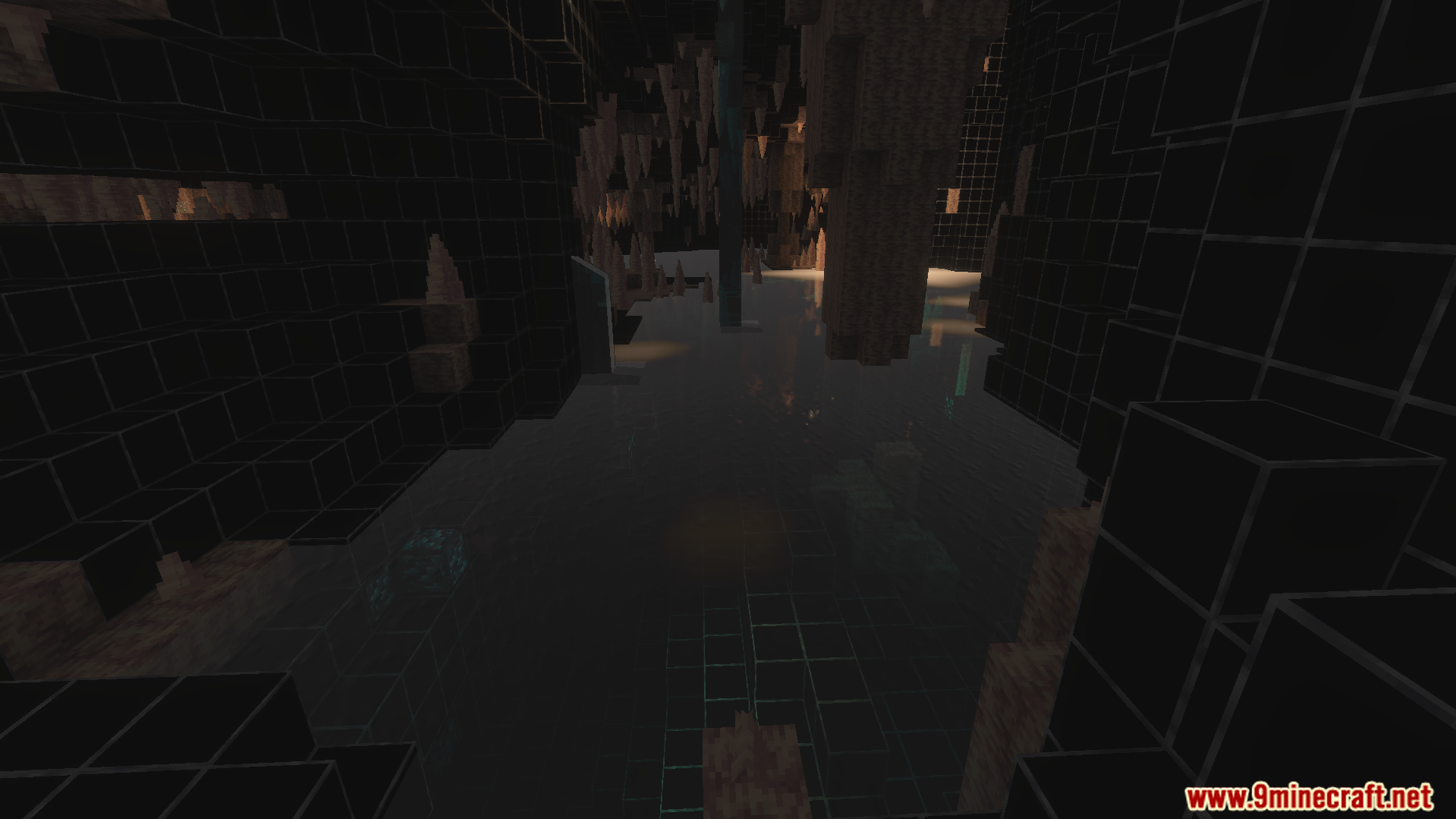 Dark flooded cave showing transparent stone blocks with white outlines for visibility