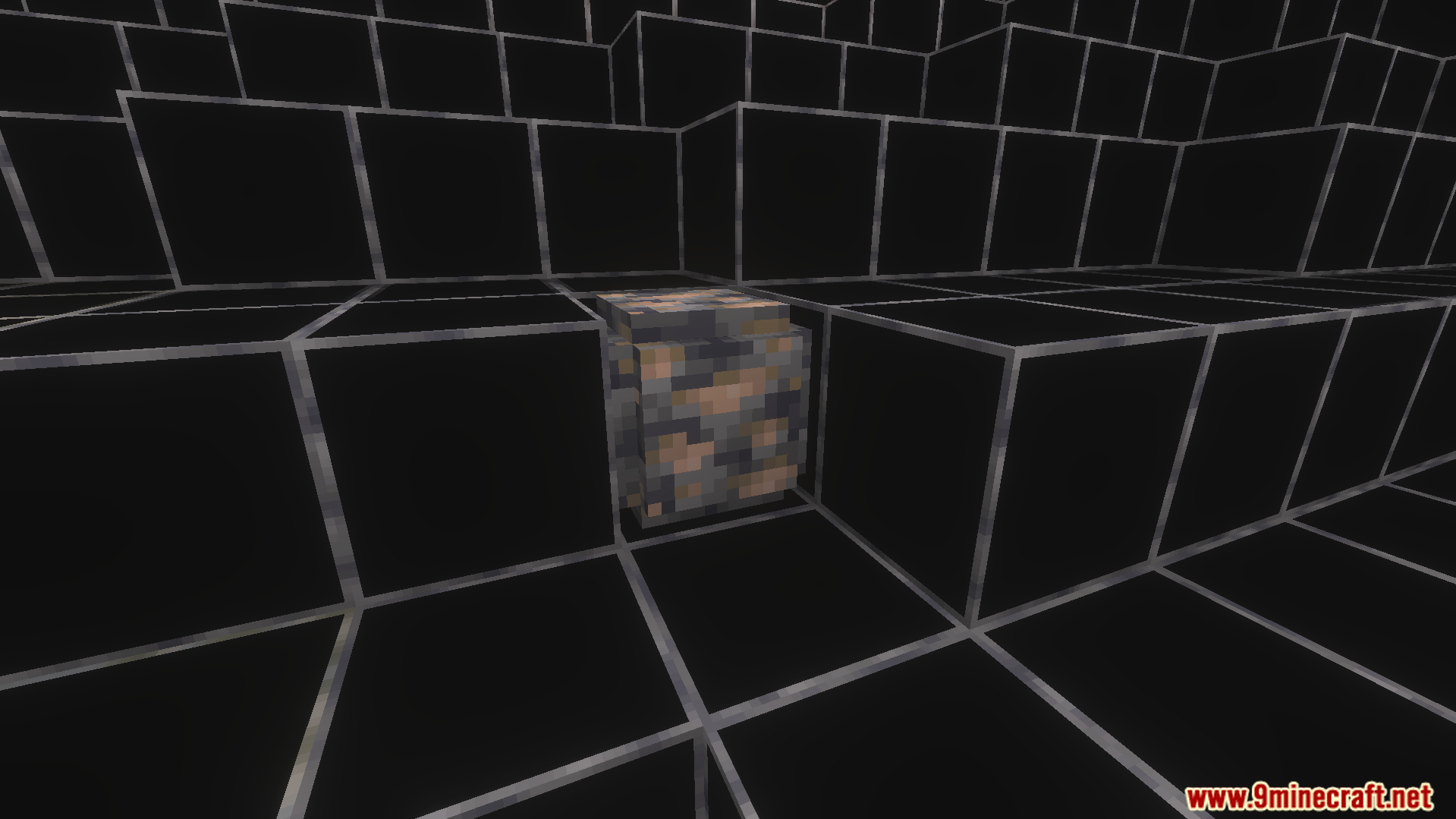 Close up view of an iron ore block surrounded by transparent black blocks