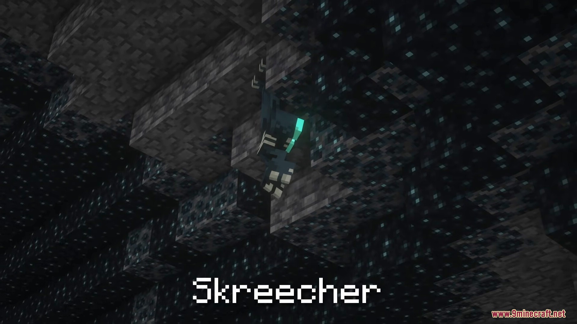 A Skreecher hanging from the ceiling in a dark sculk cave