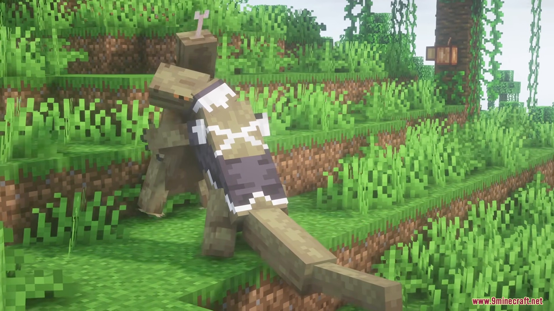 A tamed Komodo dragon wearing a saddle in a lush jungle environment