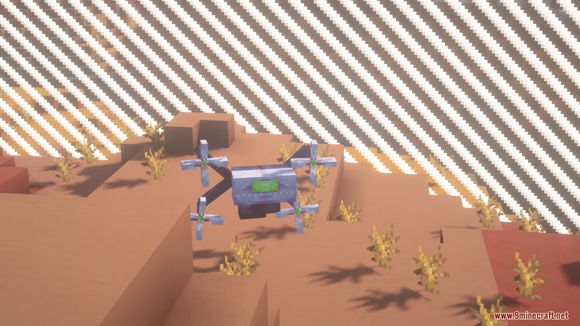 A mechanical drone flying through a desert biome near a world border