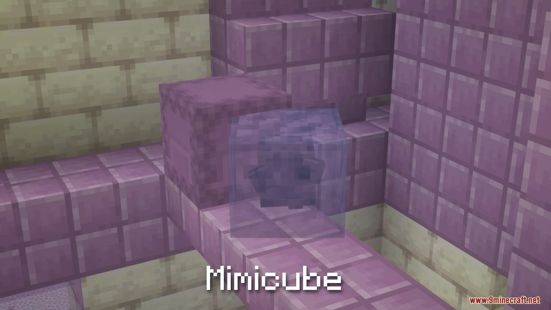 A translucent purple Mimicube mob sitting on purpur blocks in the End dimension