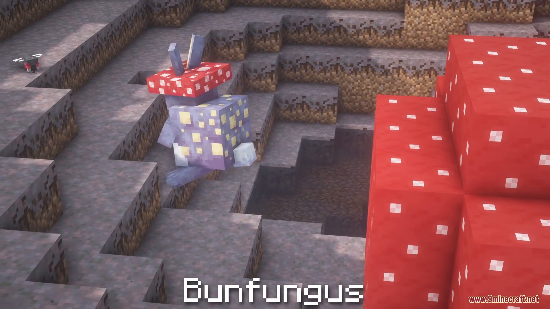 A purple Bunfungus creature standing near a giant red mushroom block