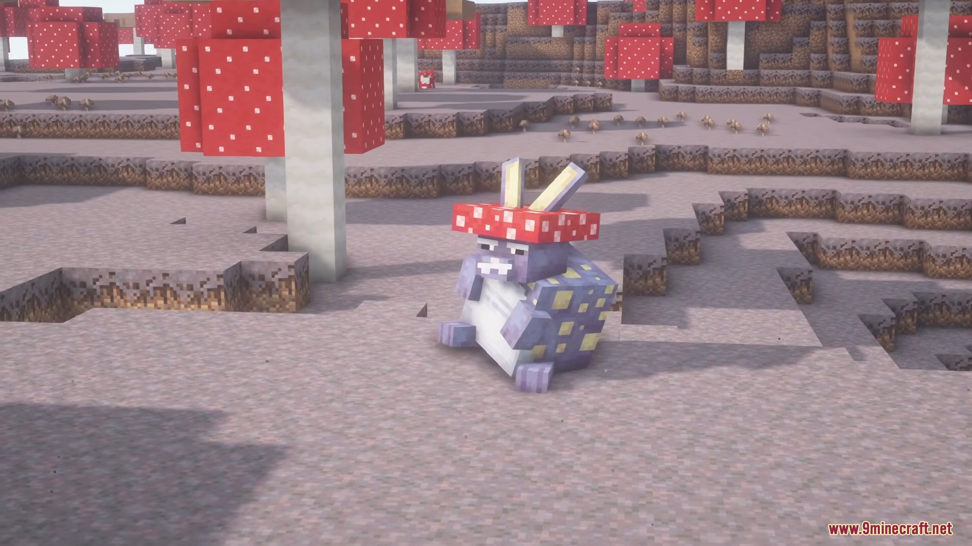 A blue Mungus from Alexs Mobs sits in a mushroom field biome