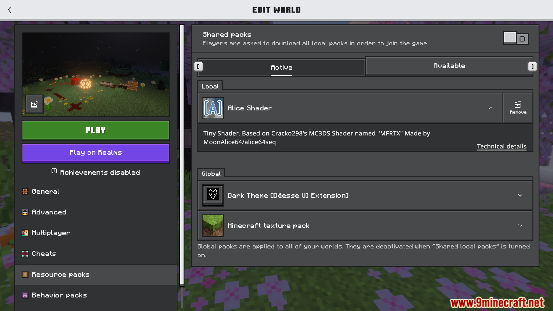 Minecraft world settings menu showing the active Alice Shader resource pack
