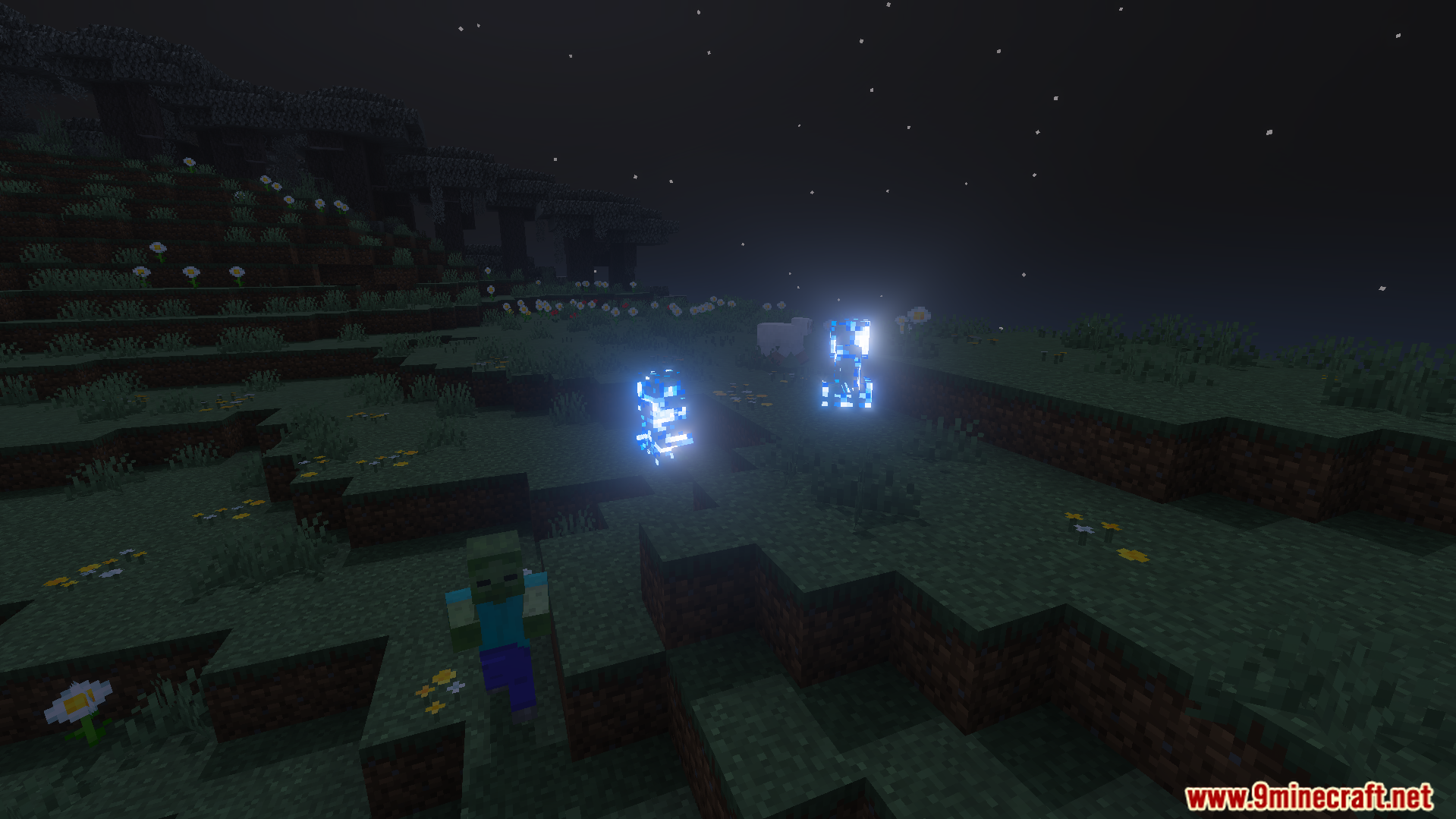 Glowing blue creepers and a zombie wandering through a dark grassy field
