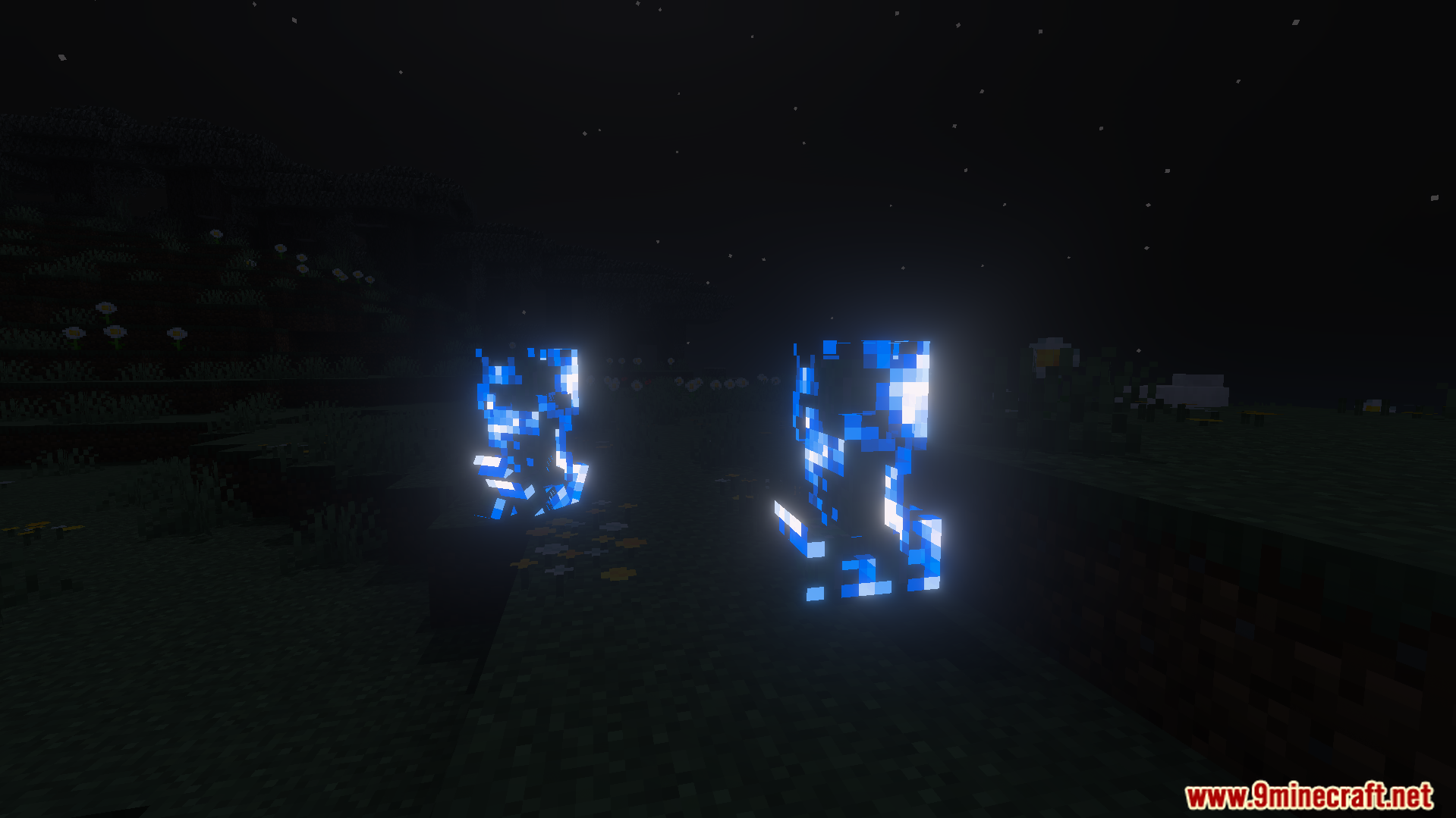 Two charged creepers glowing with blue electric aura in the dark night
