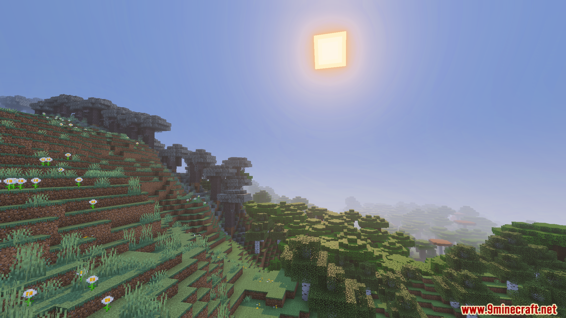 Scenic Minecraft landscape with rolling hills and bright sunlight using Alice Shader