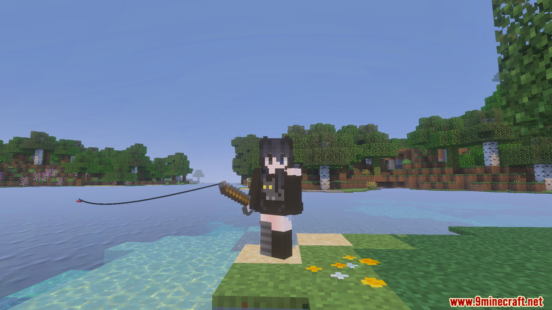A Minecraft character fishing by a scenic lake showcasing the Alice Shader pack