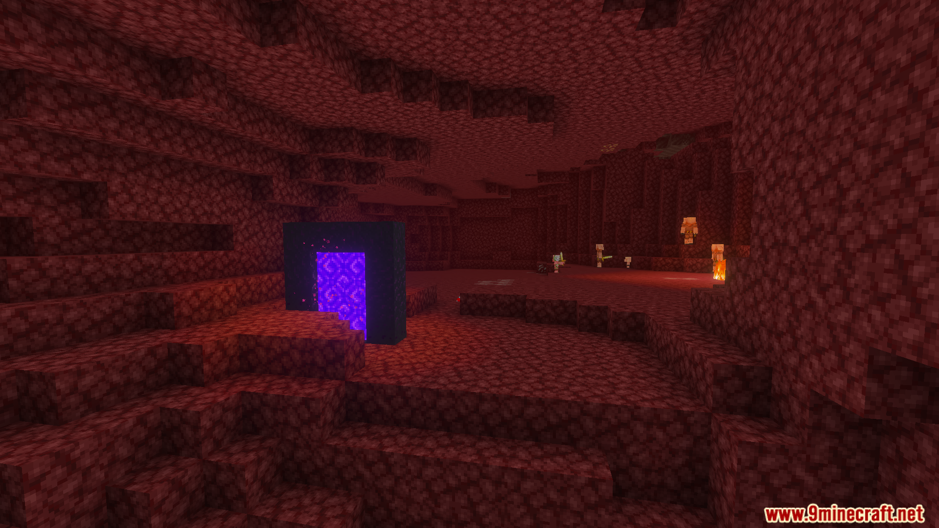 A glowing purple Nether portal stands inside a dark red Netherrack cave