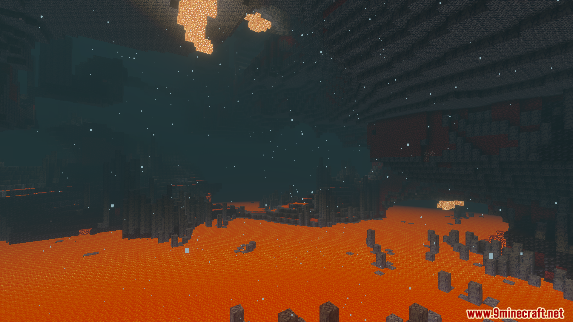 Ash particles fall over a vast lava lake with basalt pillars and glowstone