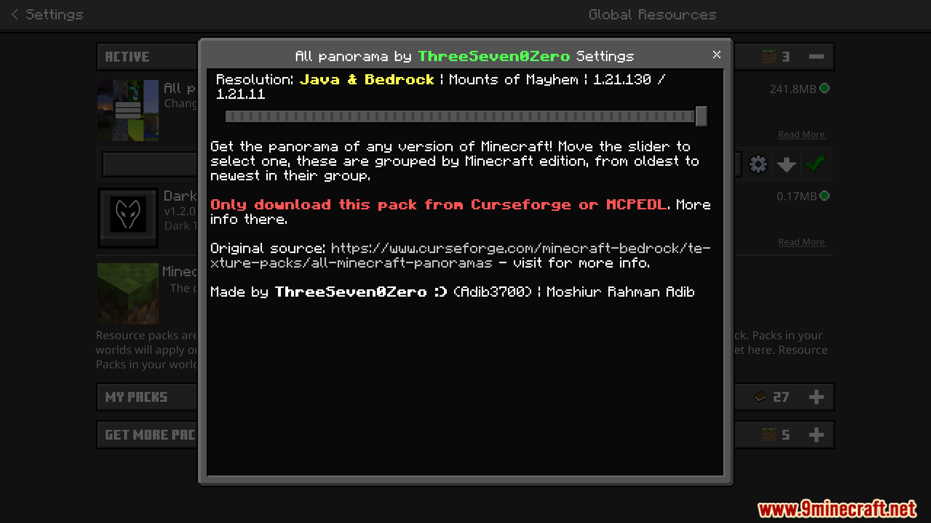 All Minecraft Panorama Texture Pack Screenshot 1 Configuration menu with a slider to choose from fifty four different menu backgrounds
