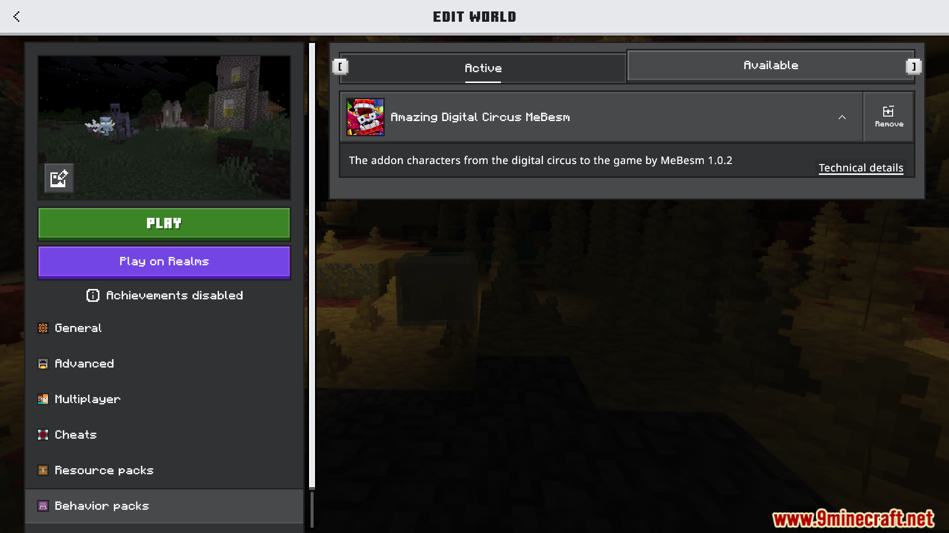 Amazing Digital Circus Addon Screenshot 1 Minecraft world edit screen showing the active Amazing Digital Circus behavior pack
