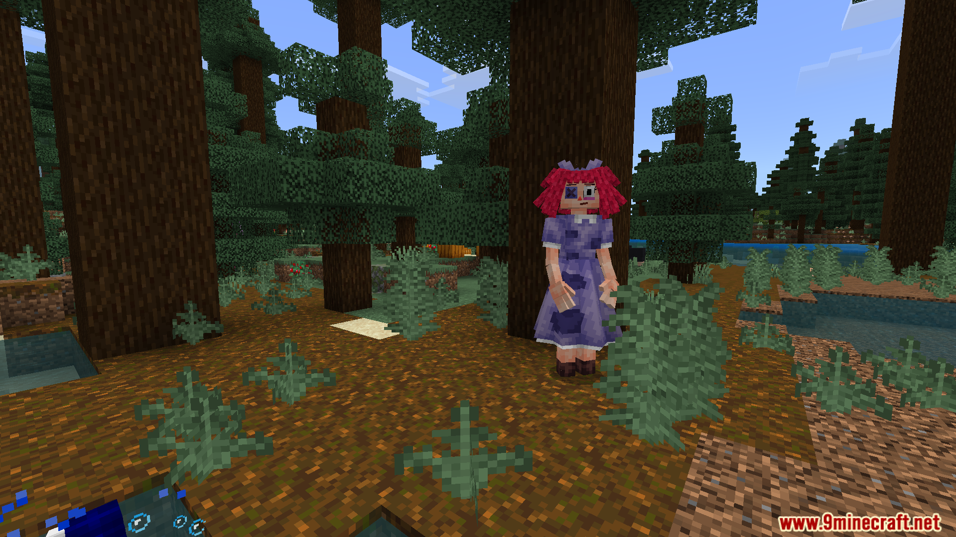 Amazing Digital Circus Addon Screenshot 2 A character from the animated show standing in a spruce forest biome
