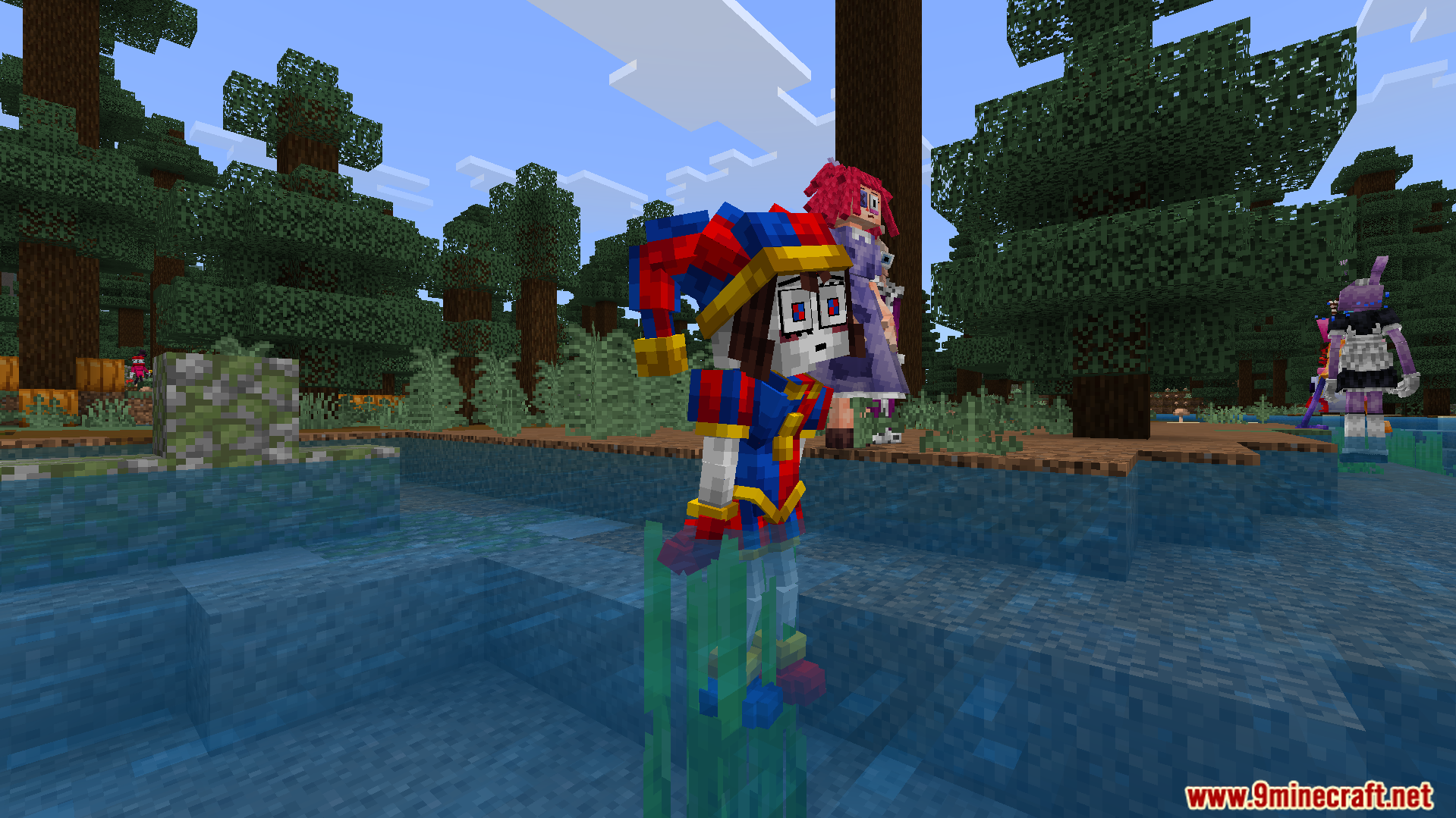 Amazing Digital Circus Addon Screenshot 4 Pomni the jester standing in water with other characters in the background