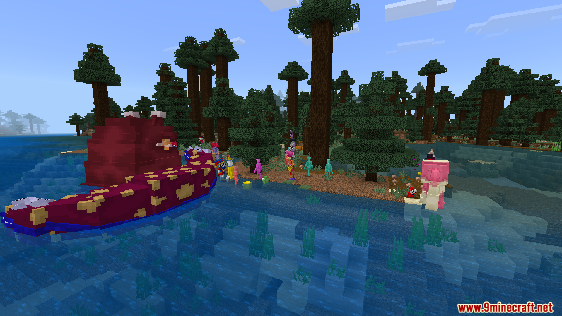 Amazing Digital Circus Addon Screenshot 8 Long red creature with yellow spots in water near characters on shore