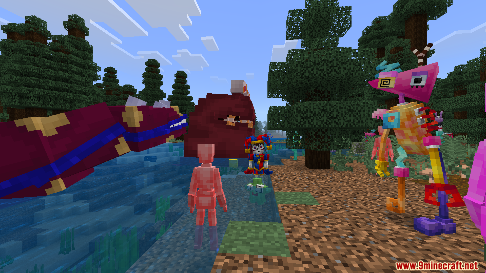 Amazing Digital Circus Addon Screenshot 9 Various characters from the Amazing Digital Circus addon in a forest biome