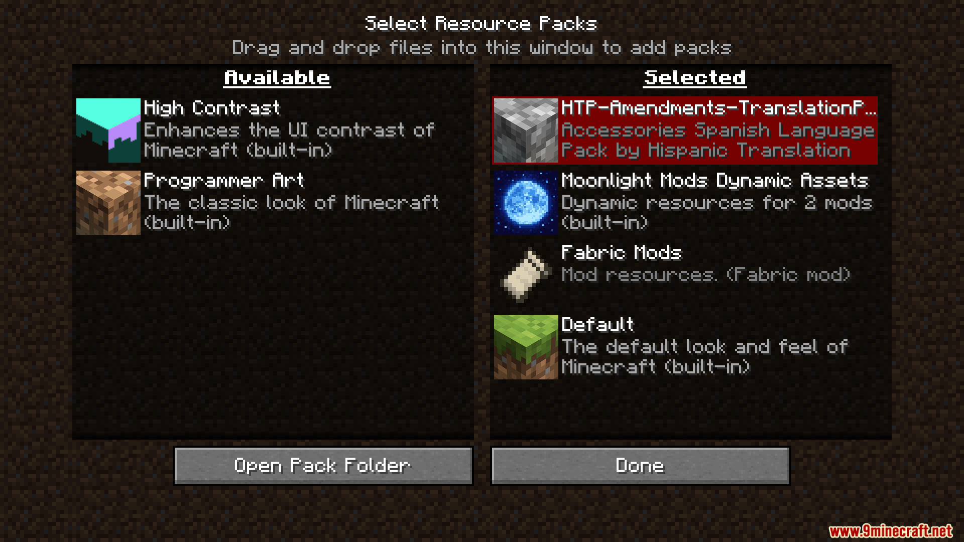 Amendments Spanish Translation Resource Pack Screenshot 1 Selecting the Amendments Spanish Translation Resource Pack in the game menu