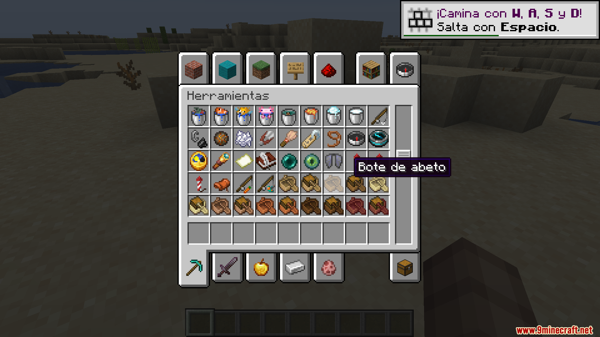 Amendments Spanish Translation Resource Pack Screenshot 2 Creative inventory menu with tools and items translated into Spanish text