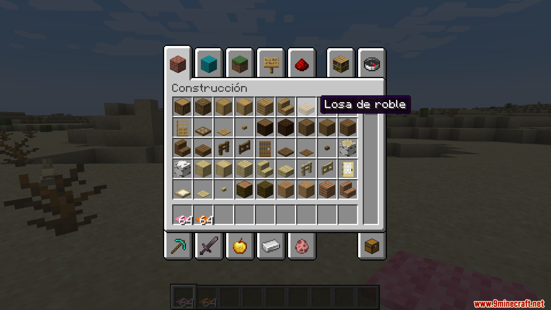 Amendments Spanish Translation Resource Pack Screenshot 3 Creative inventory menu showing Spanish item names for the Amendments mod