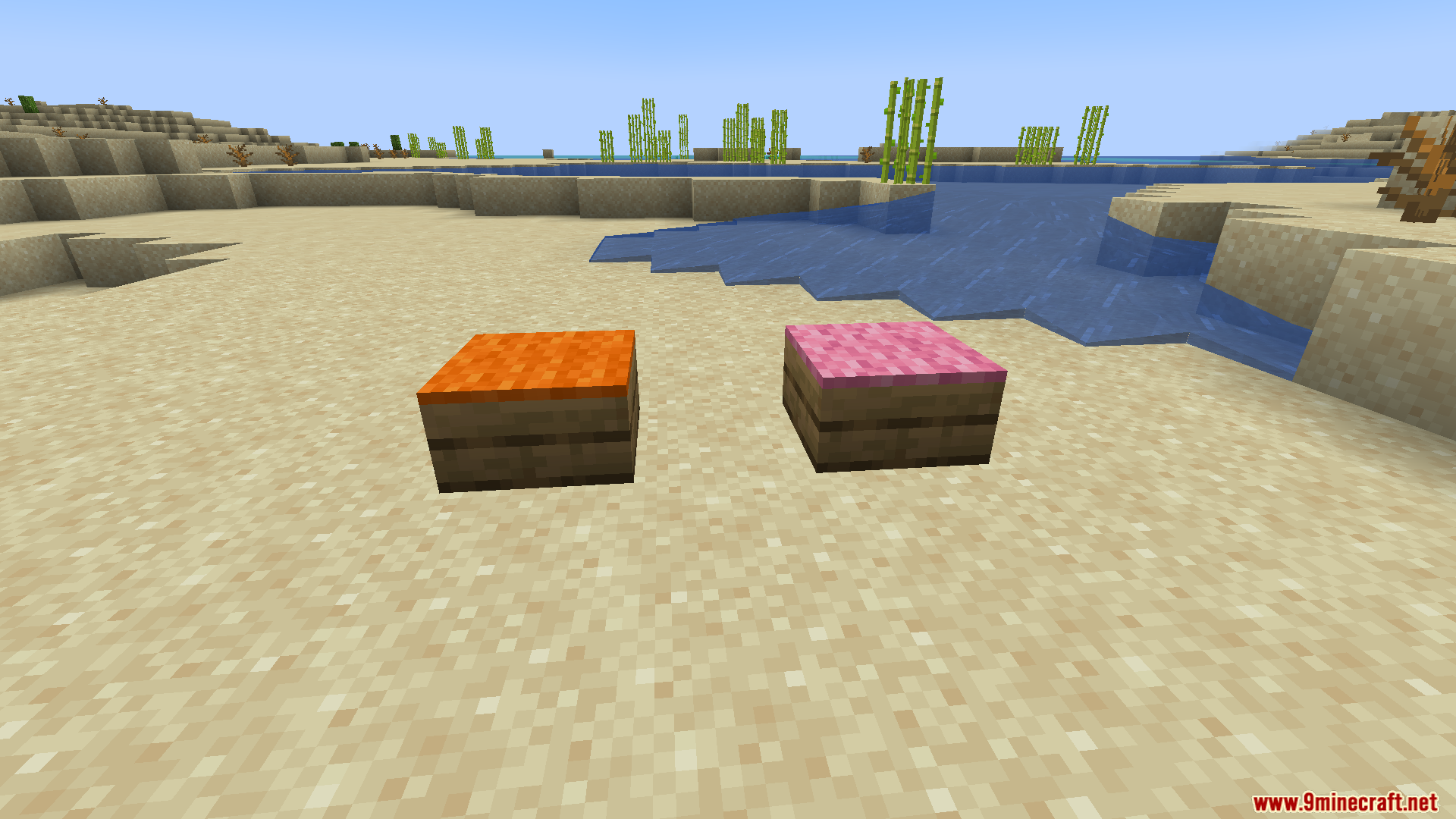 Amendments Spanish Translation Resource Pack Screenshot 5 Two wooden blocks with orange and pink carpet layers on a sandy beach