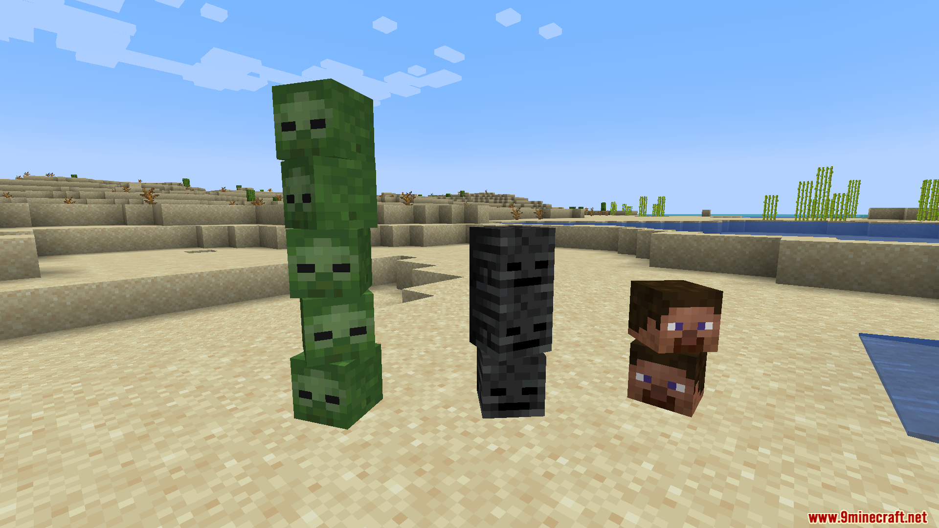 Amendments Spanish Translation Resource Pack Screenshot 6 Various mob heads stacked in columns on the sand under a blue sky