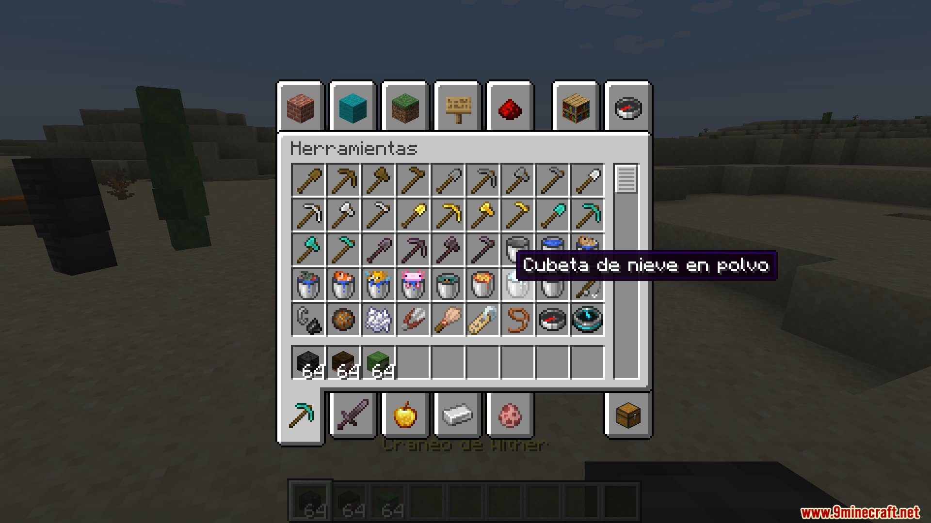 Amendments Spanish Translation Resource Pack Screenshot 7 Minecraft creative inventory showing the tools tab with Spanish item descriptions