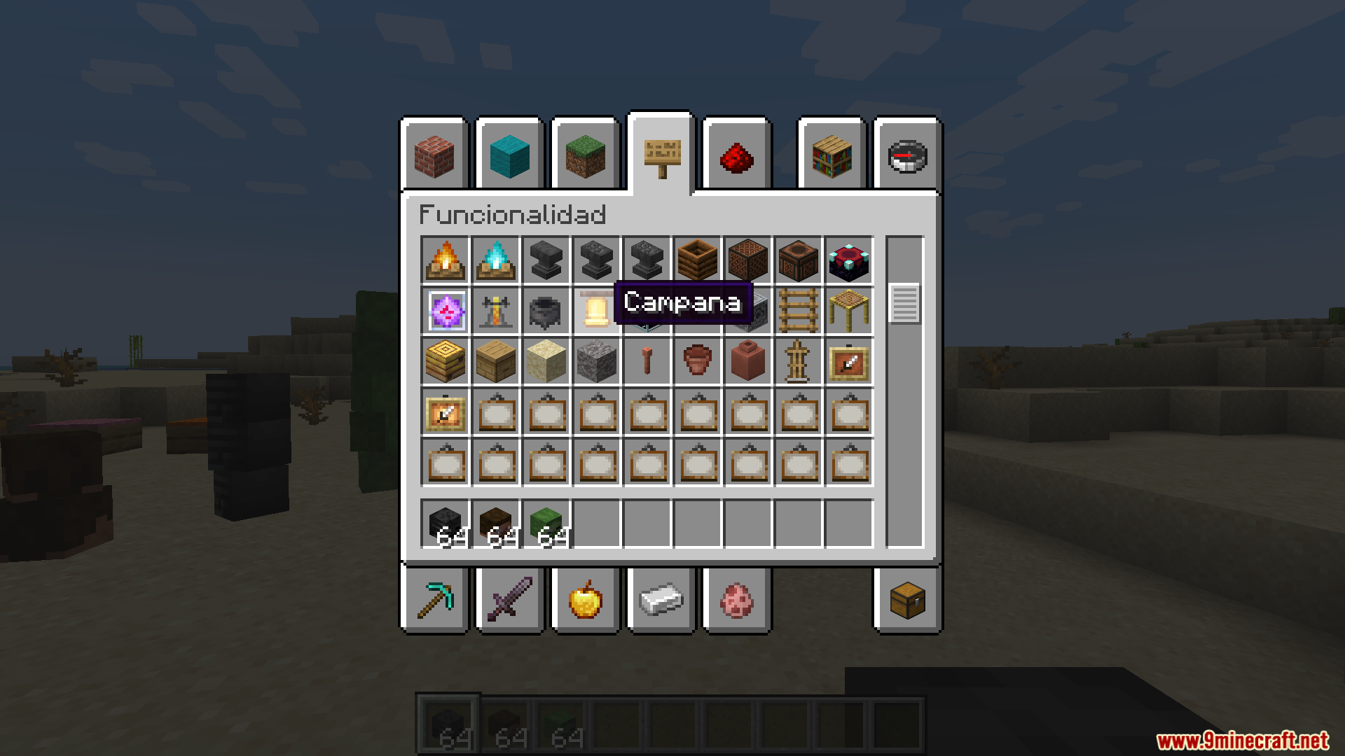 Amendments Spanish Translation Resource Pack Screenshot 8 Functional blocks in the creative inventory translated into Spanish for Amendments mod