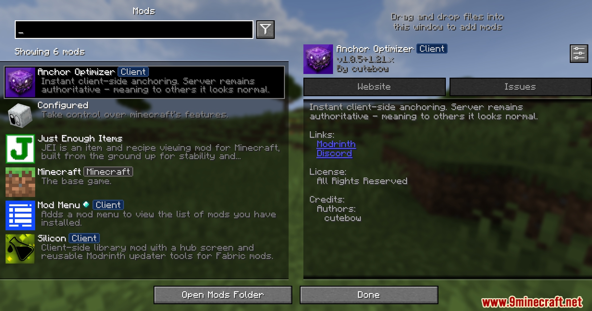 Anchor Optimizer Mod Screenshot 1 A Minecraft mod list screen displaying the Anchor Optimizer client mod