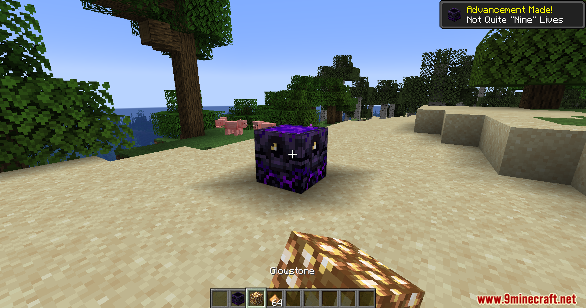 Anchor Optimizer Mod Screenshot 3 Player holding glowstone stands in front of a respawn anchor on the beach