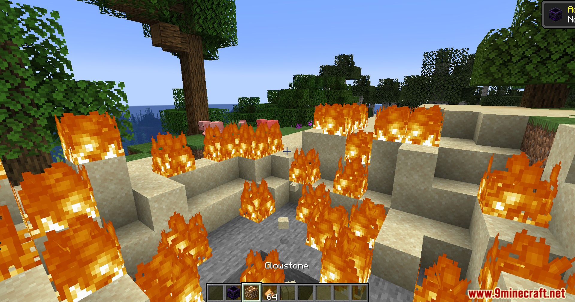 Anchor Optimizer Mod Screenshot 6 A large explosion crater filled with fire after the respawn anchor detonates