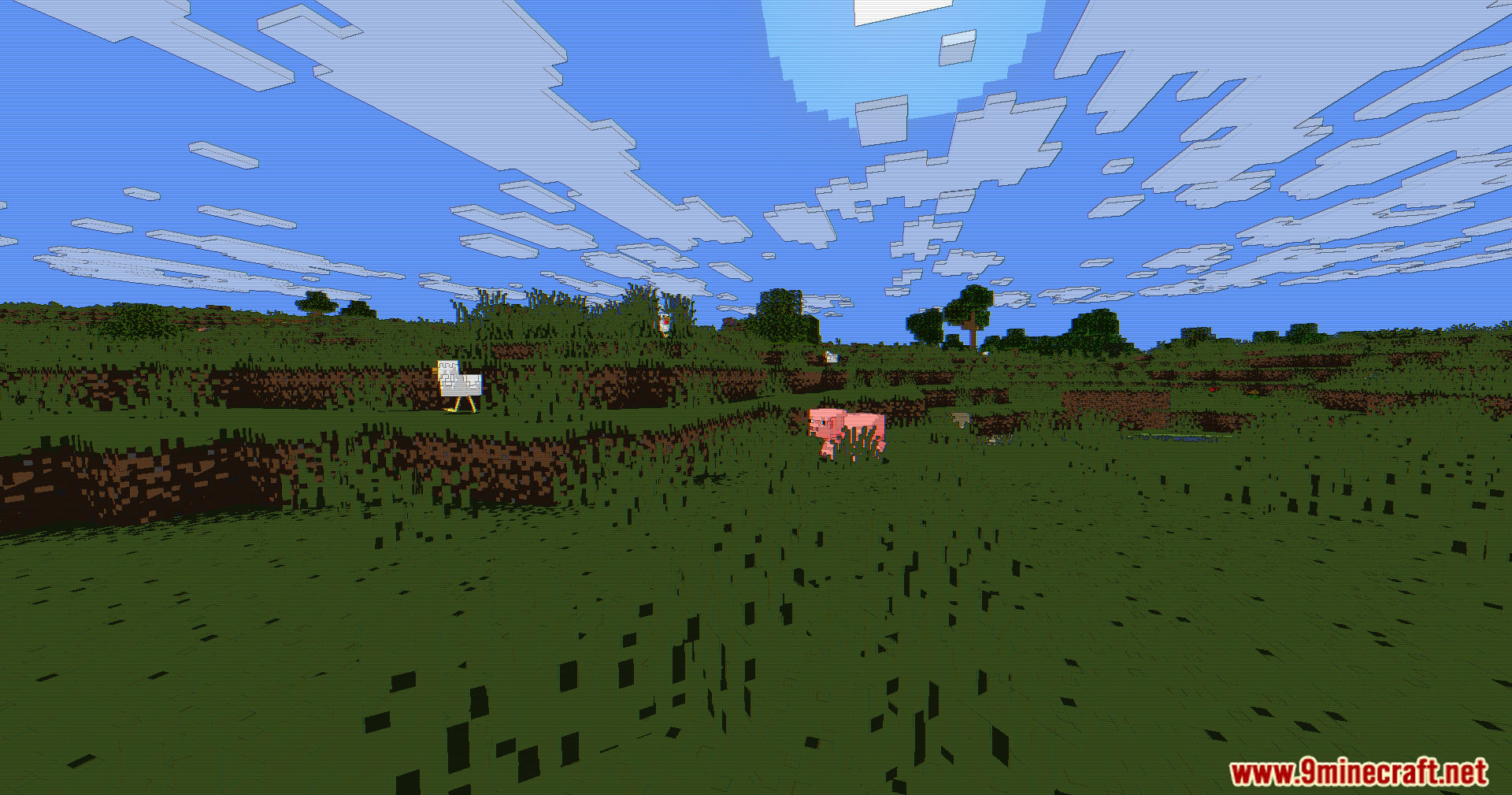 Wide Minecraft landscape featuring a chicken and a pig with cartoon shader effects