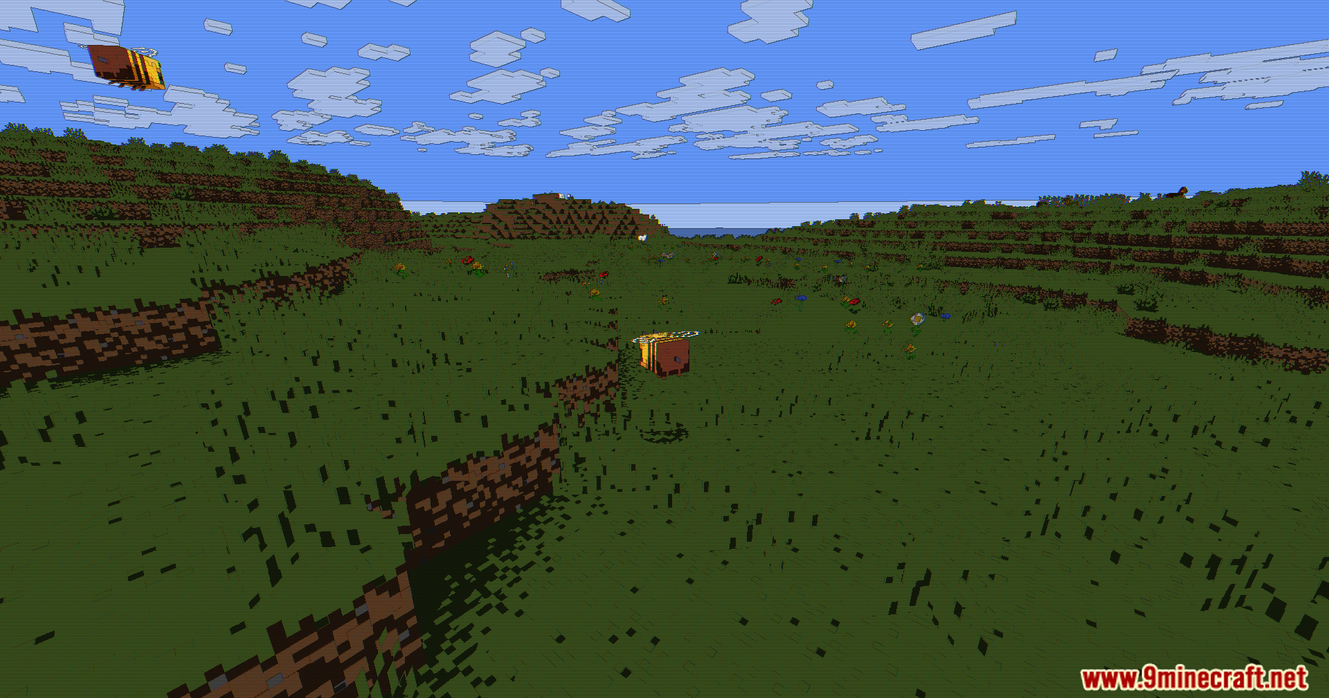 Bees flying over a grassy landscape with vibrant colors and dark outlines
