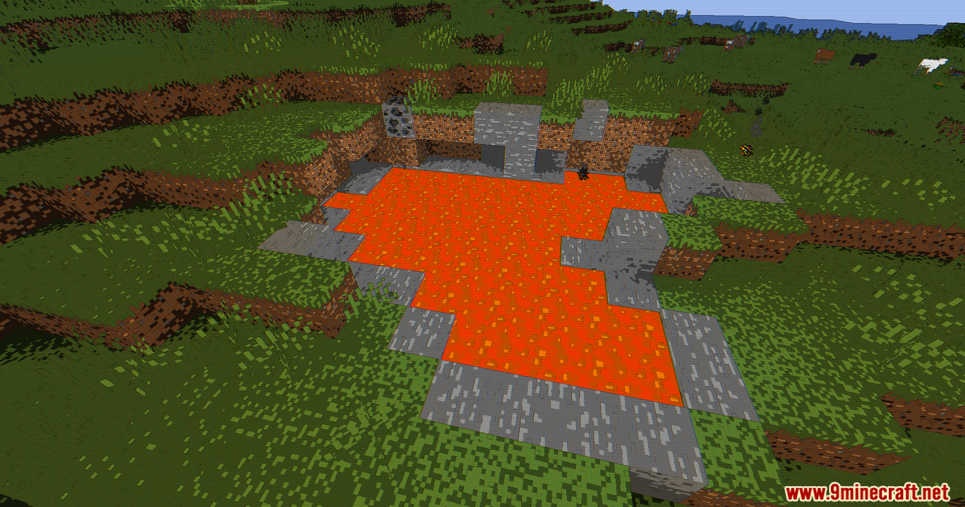 A glowing lava pool surrounded by stone and dirt with retro screen effects