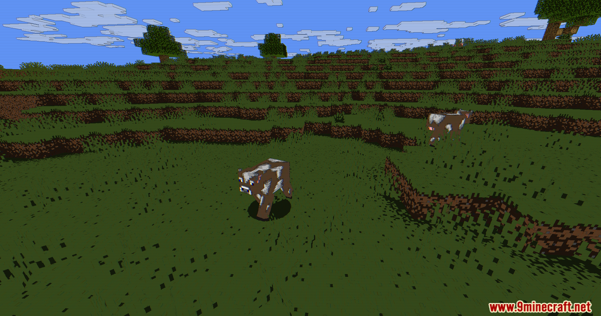A cow stands in a grassy field with stylized cartoon outlines and shading