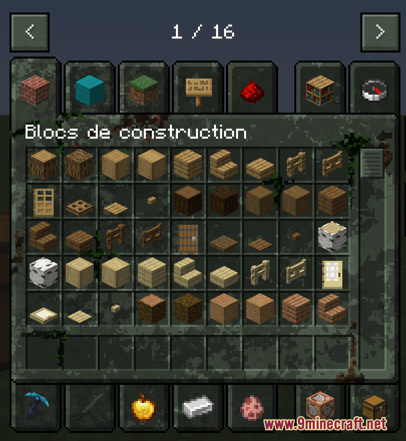 A weathered creative mode menu displaying various wooden building blocks and items