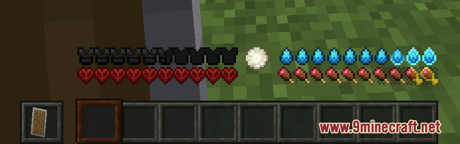 Post apocalyptic HUD with dark armor icons and blue thirst bar droplets