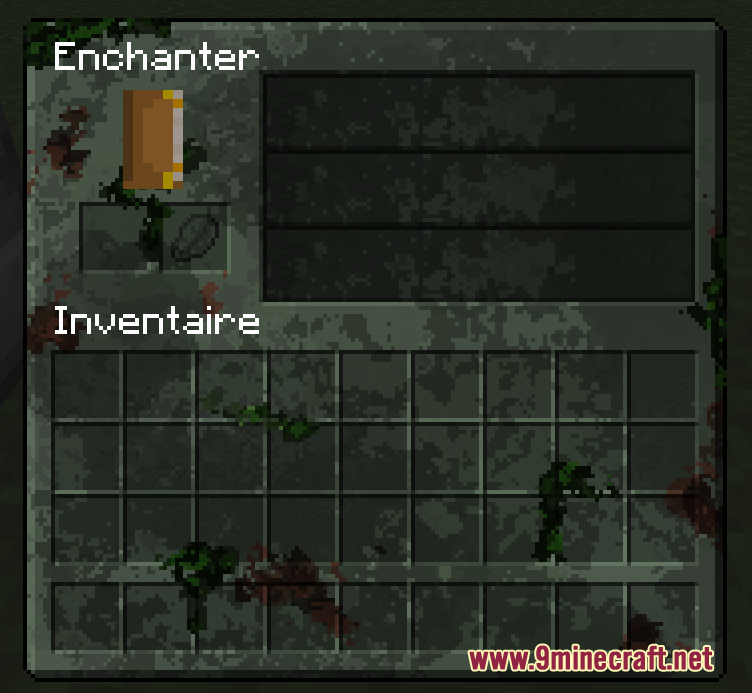 A dark and gritty enchantment table interface with a survival theme
