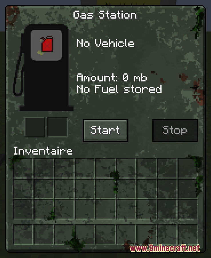 Apocalypse GUI gas station menu with fuel pump icon and inventory slots
