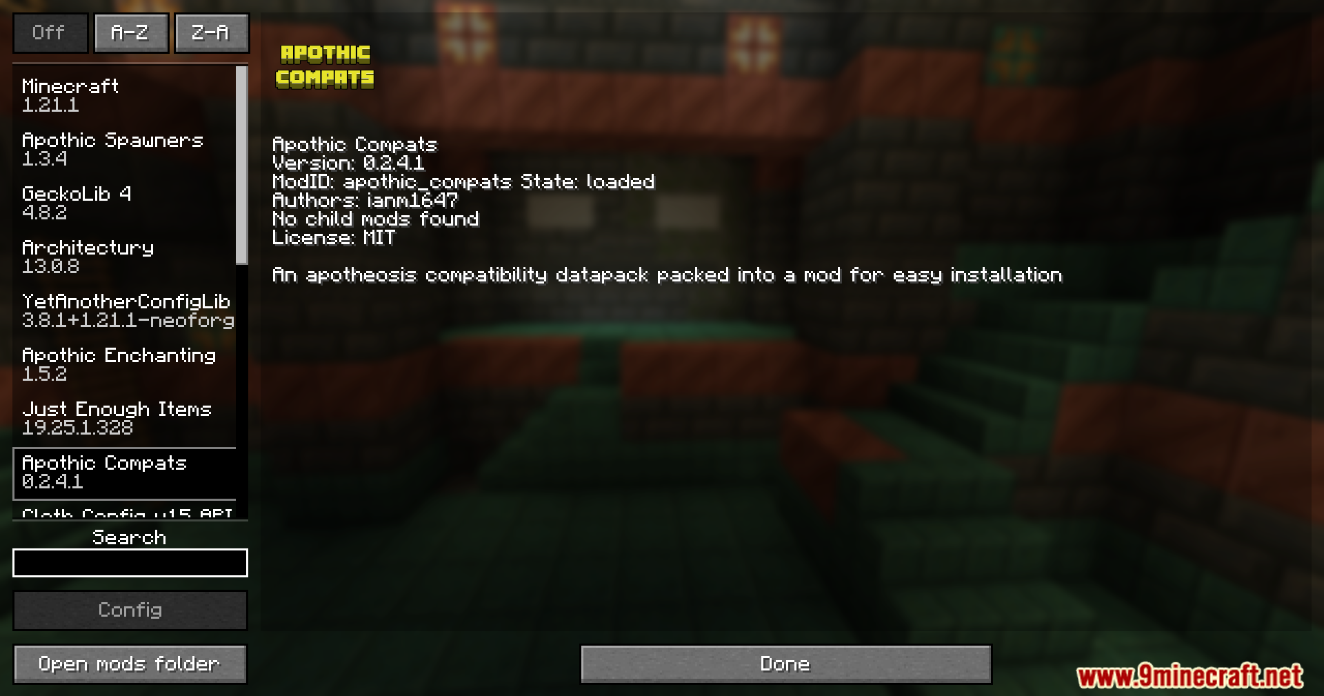 Apothic Compats Mod Screenshot 1 The Minecraft mod list screen displays version information for Apothic Compats mod