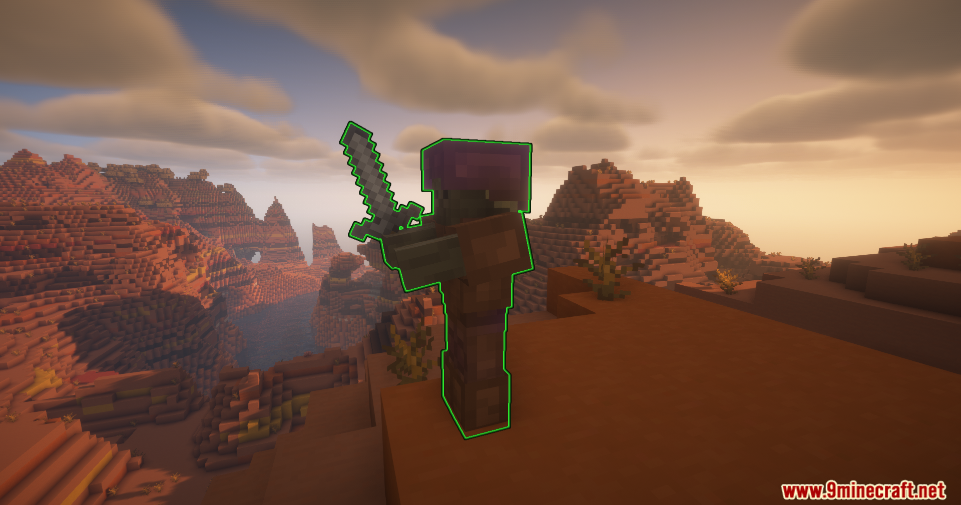 Apothic Compats Mod Screenshot 3 A mob with a green outline stands on a mesa cliff edge