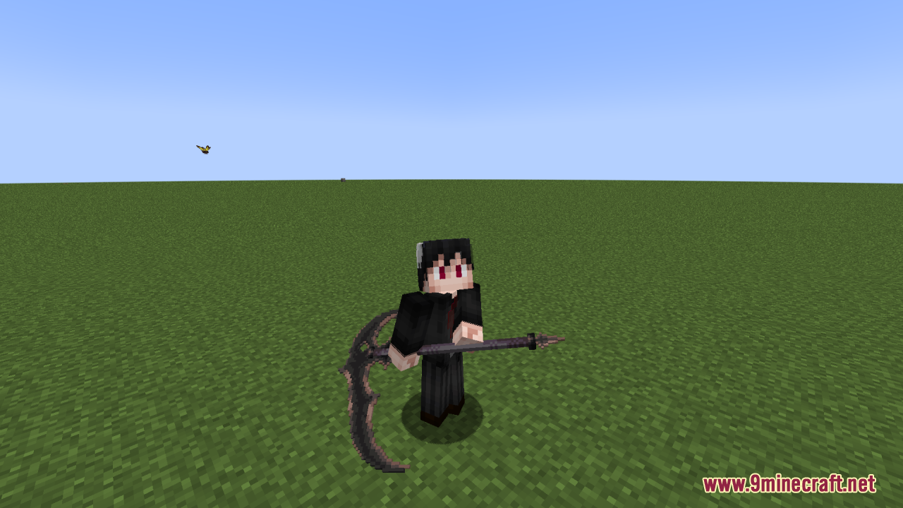 Archon Reforged Resource Pack Screenshot 1 A Minecraft character wielding a large dark 3D scythe in a grassy field
