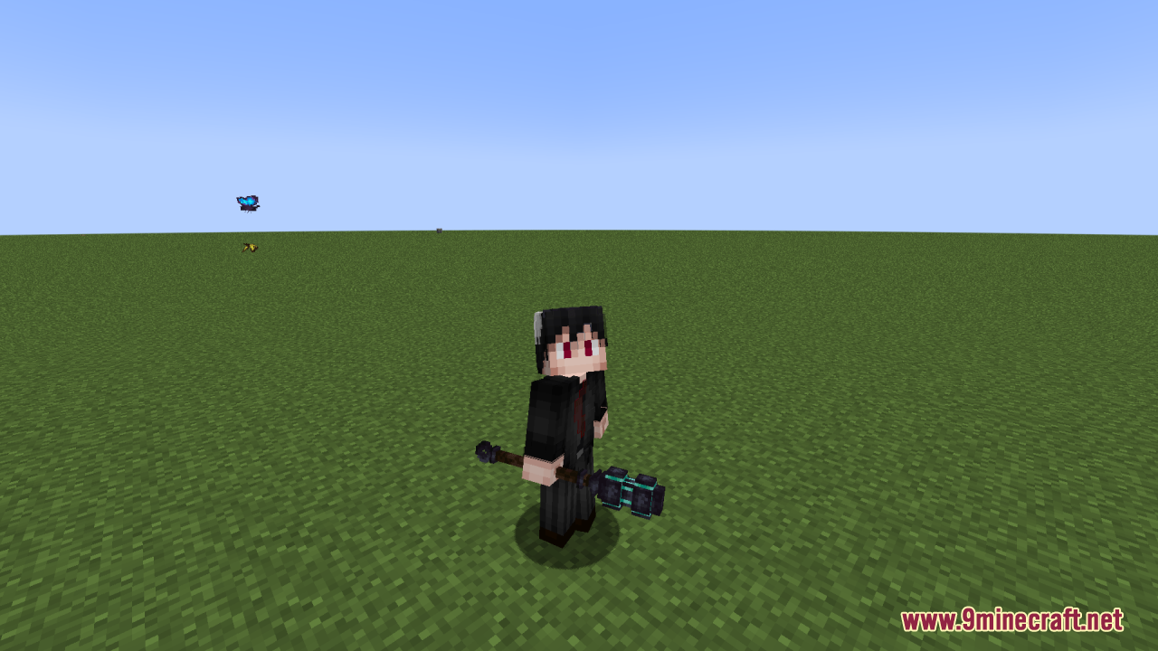Archon Reforged Resource Pack Screenshot 2 A Minecraft character holding a 3D hammer with glowing teal accents on grass