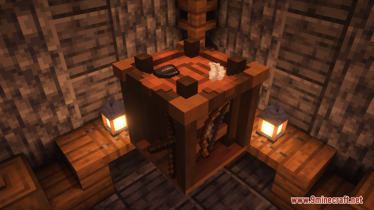 Arcle's Medieval Containers Resource Pack Screenshot 1 Arcle's Medieval Containers fletching table with feathers in a dark room