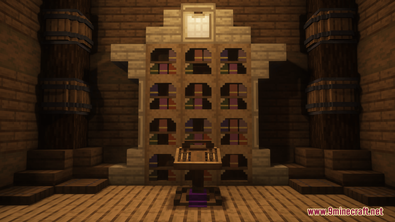 Arcle's Medieval Containers Resource Pack Screenshot 10 A large wooden bookshelf and a lectern inside a medieval style room