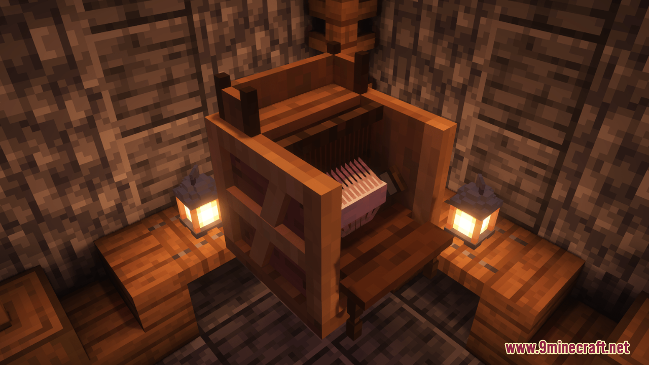 Arcle's Medieval Containers Resource Pack Screenshot 11 Detailed medieval weaving loom with pink thread inside a rustic wooden room