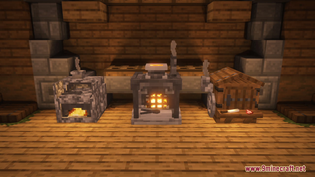 Arcle's Medieval Containers Resource Pack Screenshot 13 Three custom medieval workstations featuring a furnace and a wooden butcher table