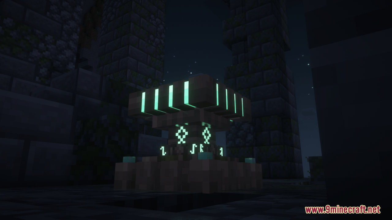 Arcle's Medieval Containers Resource Pack Screenshot 14 A glowing magical enchanting table with cyan runes inside a dark stone structure