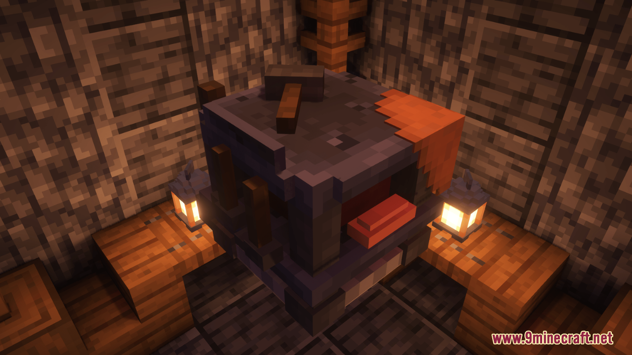 Arcle's Medieval Containers Resource Pack Screenshot 2 Medieval smithing table with a hammer and glowing hot metal ingot